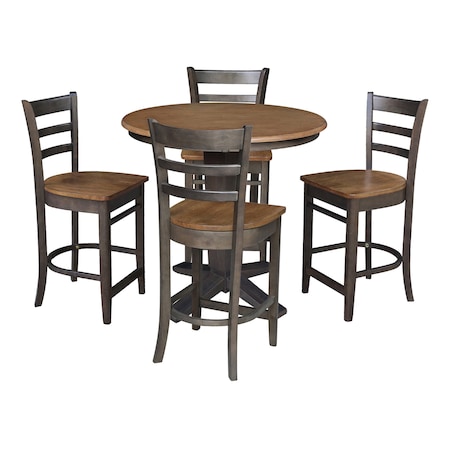 International Concepts 36 in. Solid Wood Round Top Pedestal Dining Table w/4 Counter Height Stools in Hickory/Washed Coal K45-36RT-23B-S6172-4